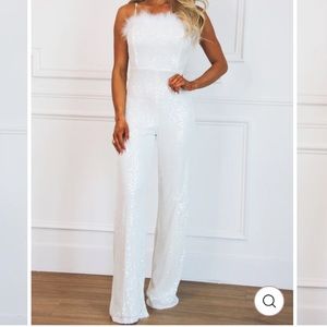 Sparkly white jumpsuit with feathers! Perfect wedding party jumpsuit NWT